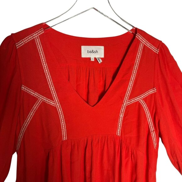 ba&sh Paris Amber Blouse Women’s Size Small Coral Embroidered V-Neck 3/4 Sleeve - Picture 3 of 9